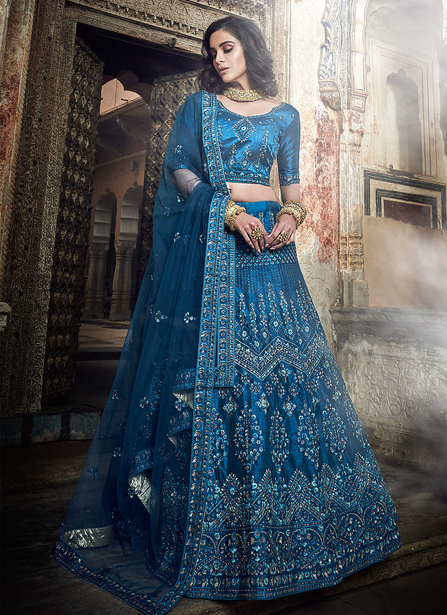 Indian Clothes - Peacock Blue Embroidered Wedding Lehenga Choli