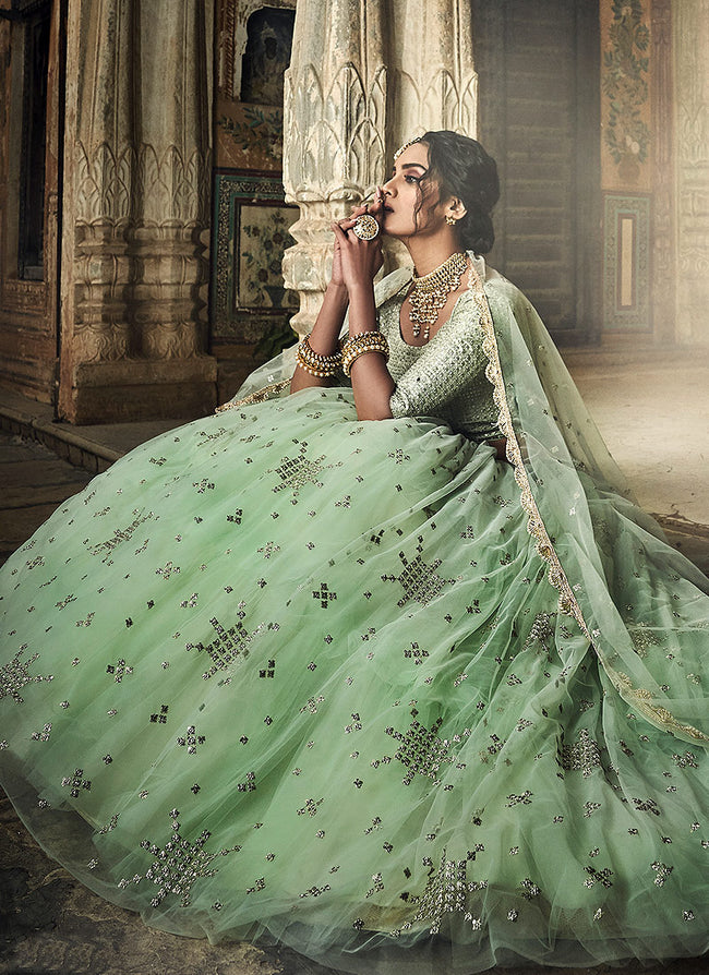 Buy Pista Green Net Wedding Wear Zarkan Work Lehenga Choli Online