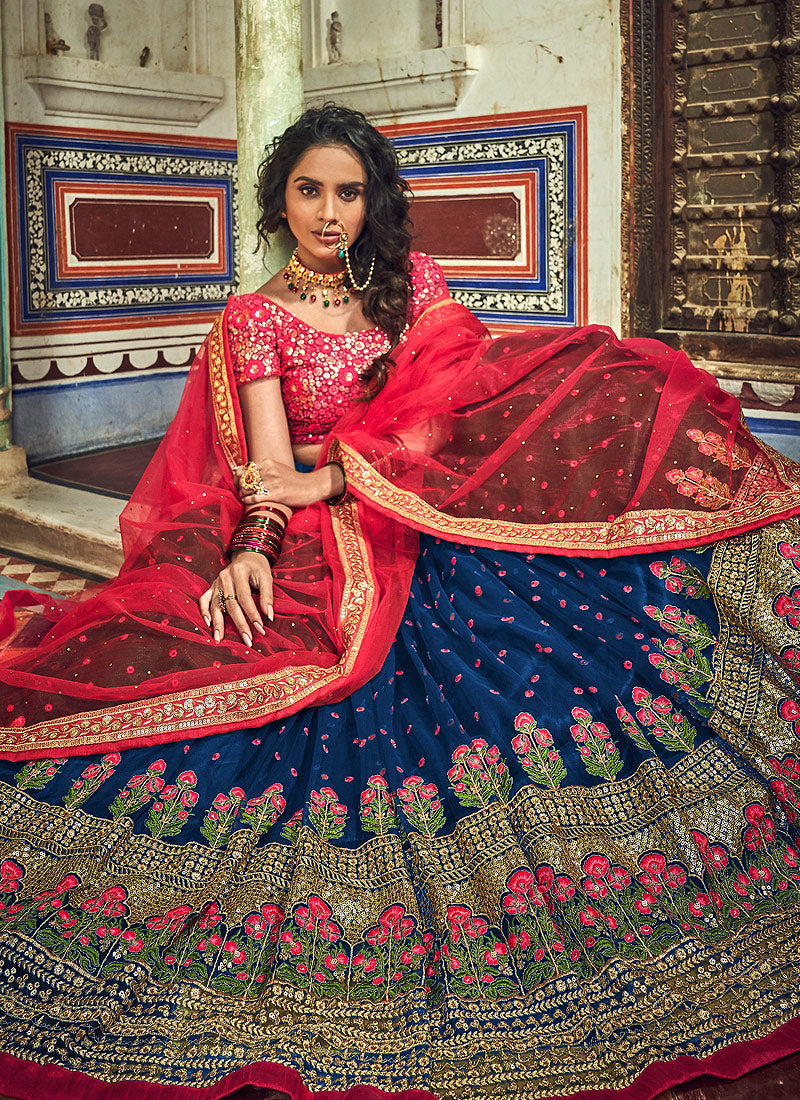 Navy Blue and Red Embroidered Lehenga – Falakenoor