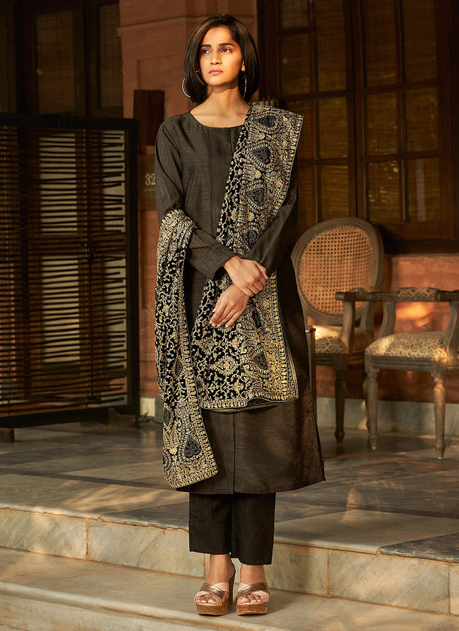Black Silk Salwar Kameez With Embellished Shawl 