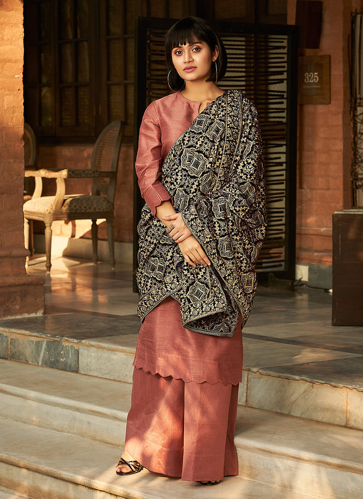 Rust Pink Silk Salwar Kameez With Embellished Shawl