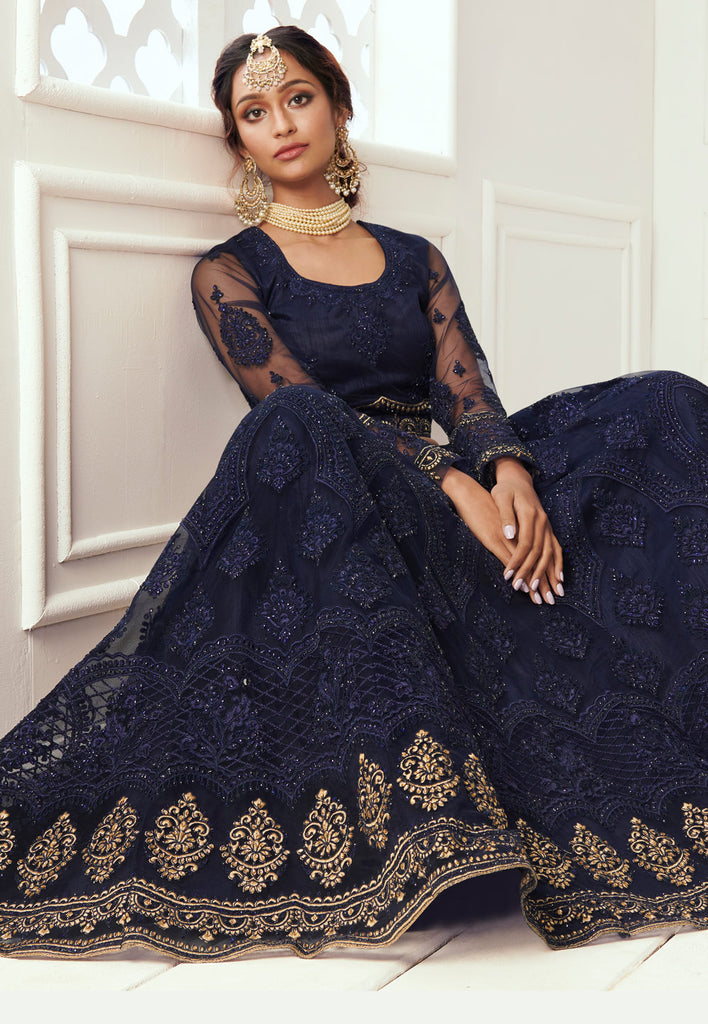 Buy Navy Blue Golden Wedding Lehenga Choli Online | Hatkay Buy Navy Blue Golden Wedding Lehenga Choli Online | Hatkay