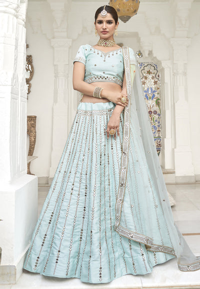Ice Blue Mirror Work Wedding Lehenga Choli