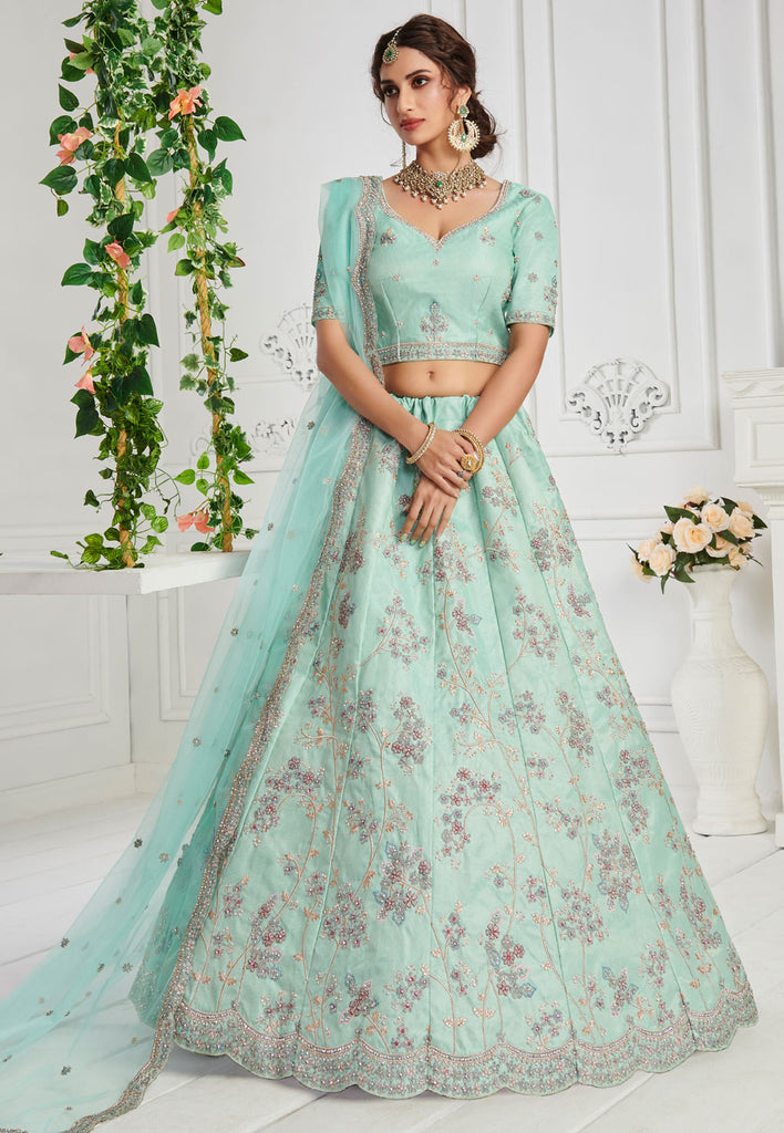 Turquoise Floral Embroidered Designer Lehenga Choli