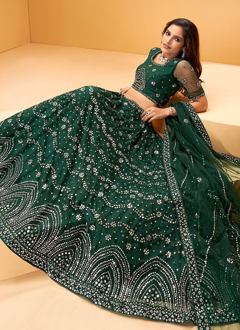 Dark Green Mirror Work Lehenga Choli In Australia