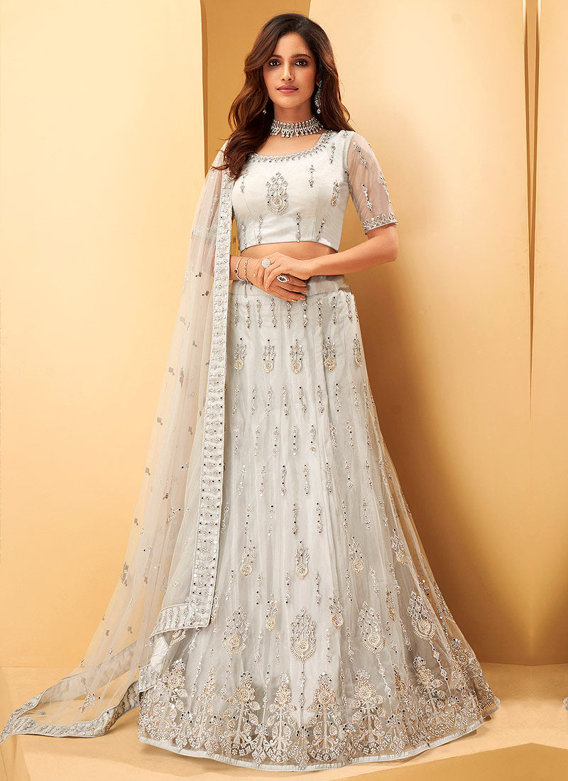 White Mirror Work Embroidered Wedding Lehenga Choli