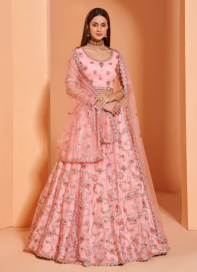 Soft Pink Floral Embroidered Wedding Lehenga Choli