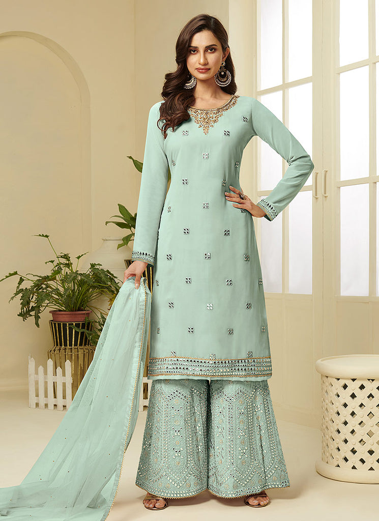 Aqua Blue Embroidered Designer Indian Sharara Suit in USA, UK, Canada Aqua Blue Embroidered Designer Indian Sharara Suit in USA, UK, Canada