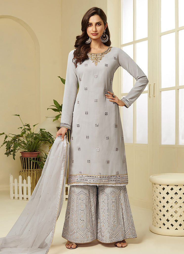 Buy Grey Embroidered Designer Sharara Suit Online | Hatkay Buy Grey Embroidered Designer Sharara Suit Online | Hatkay