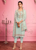 Teal Blue Floral Embroidered Pakistani Pant Suit