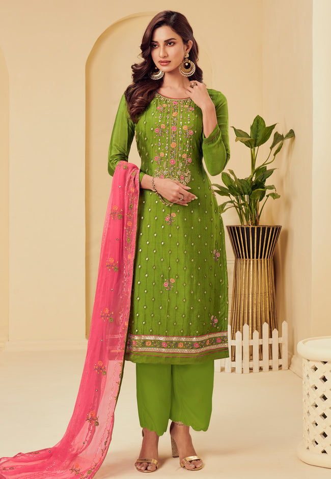 Green And Pink Embroidered Pakistani Pant Suit