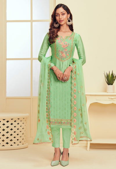 Green Floral Embroidered Pakistani Pant Suit
