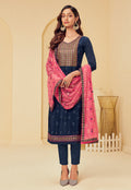 Blue And Pink Floral Embroidered Pakistani Pant Suit