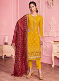 Yellow And Red Designer Pakistani Pant Suit