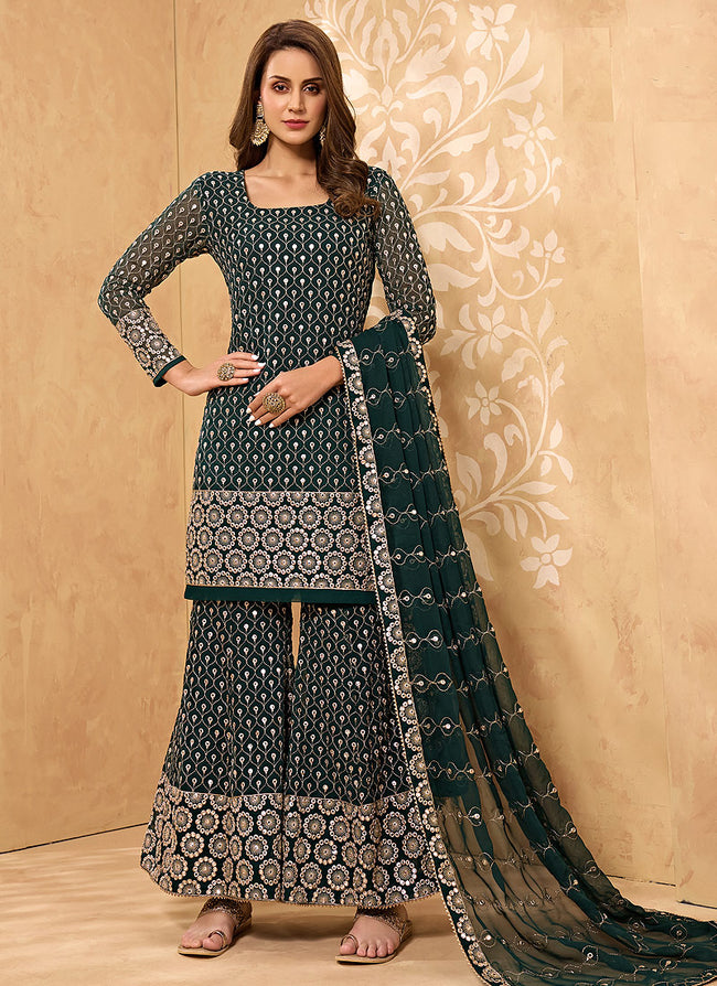 Majestic Green Embroidered Georgette Sharara Suit