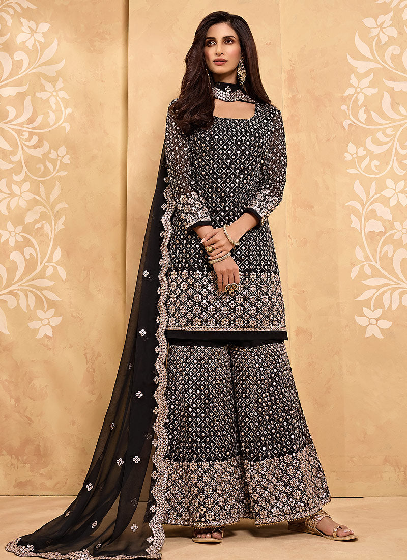 Black Embroidered Georgette Sharara Suit