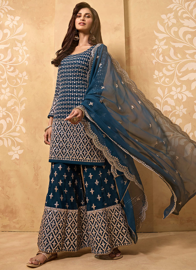 Royal Blue Mirror Embroidered Georgette Sharara Suit m Royal Blue Mirror Embroidered Georgette Sharara Suit m