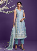 Steel Blue Lucknowi Embroidery Pant Style Suit In UK