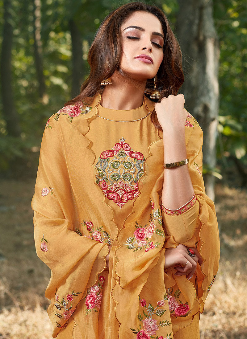 Yellow Embroidered Cotton Silk Pants Style Suit, Salwar Kameez