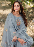 Blue Embroidered Cotton Silk Pants Style Suit, Salwar Kameez