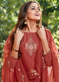 Rustic Red Embroidered Cotton Silk Pants Style Suit, Salwar Kameez
