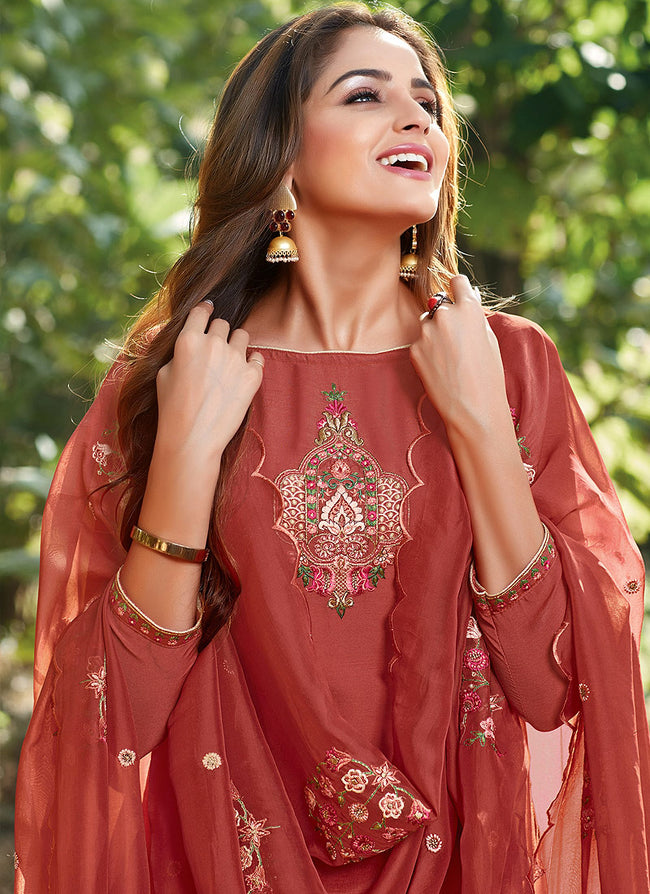 Rustic Red Embroidered Cotton Silk Pants Style Suit