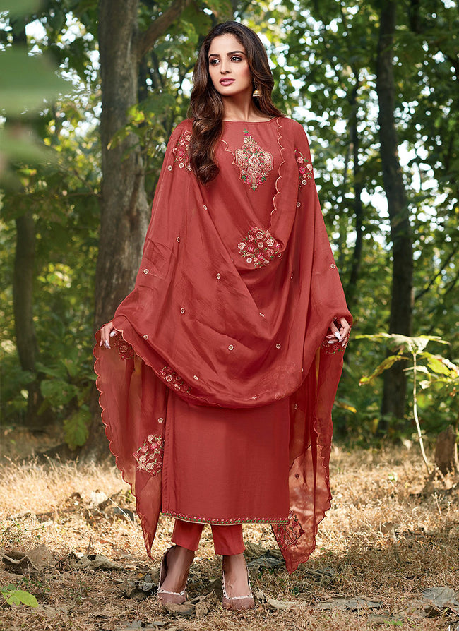 Rustic Red Embroidered Cotton Silk Pants Style Suit