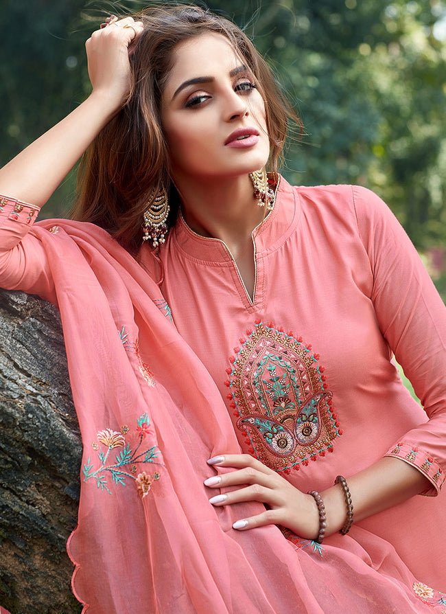 Buy Peach Cotton Silk Pants Style Suit In USA, UK, Canada