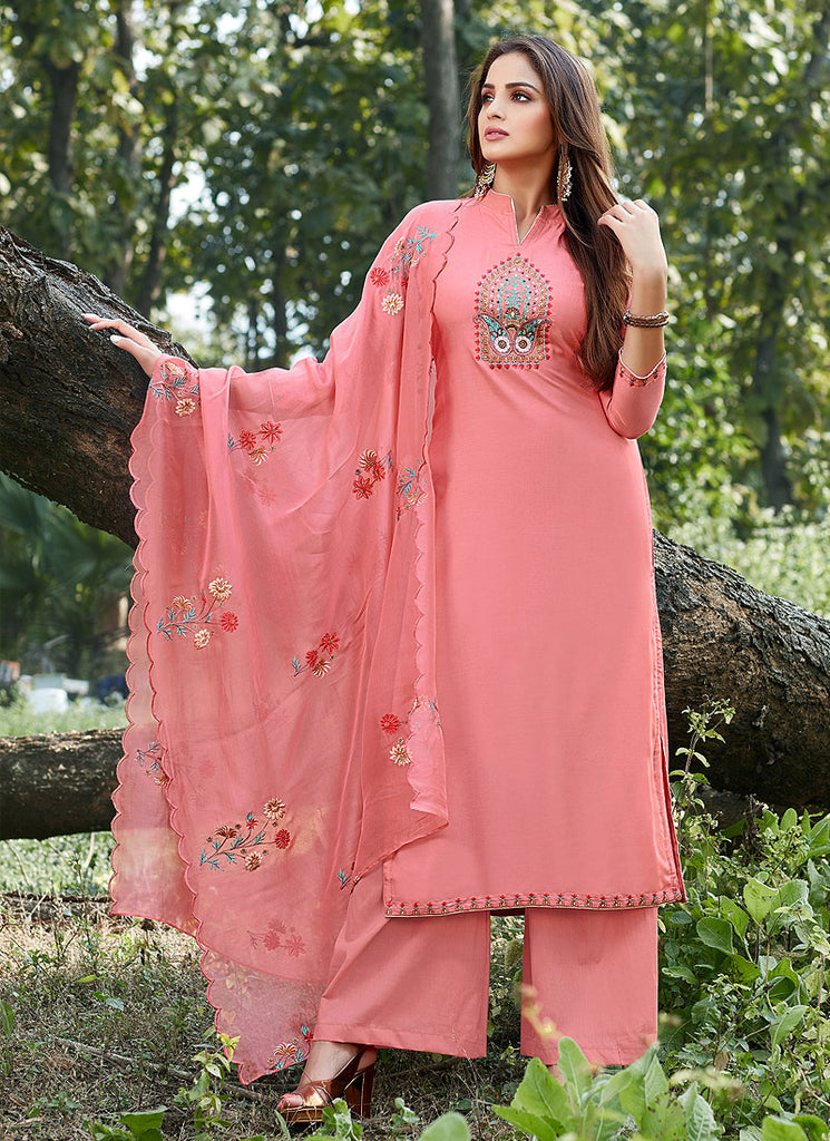Peach Cotton Silk Pants Style Suit