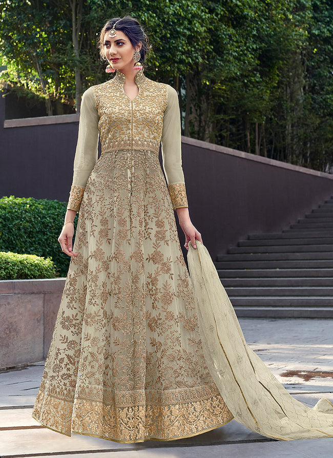 Off White Golden Designer Anarkali Gown