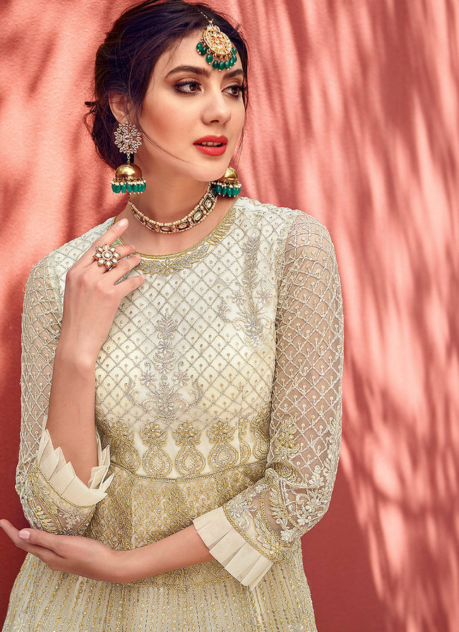 Beige White Golden Designer Anarkali Gown
