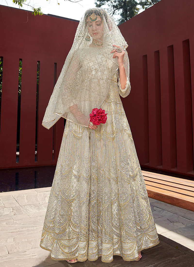 Beige White Golden Designer Anarkali Gown
