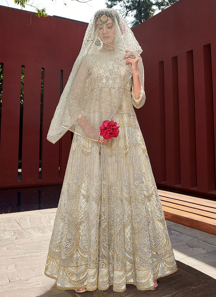 Beige White Golden Designer Anarkali Gown