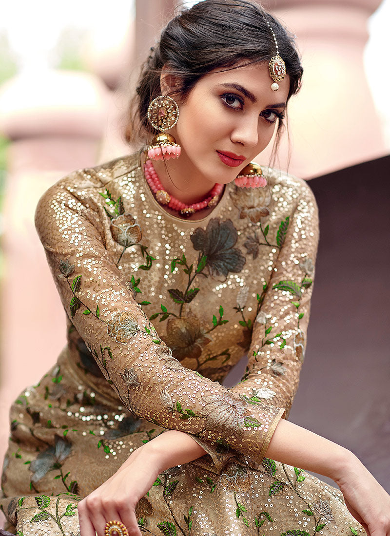 Beige And Pink Golden Designer Anarkali Gown