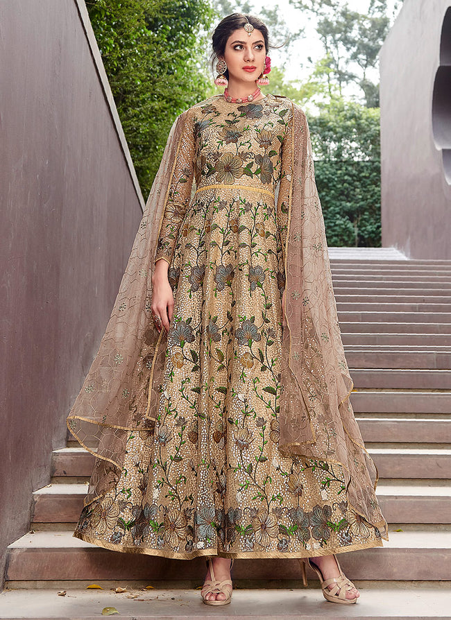 Beige And Pink Golden Designer Anarkali Gown