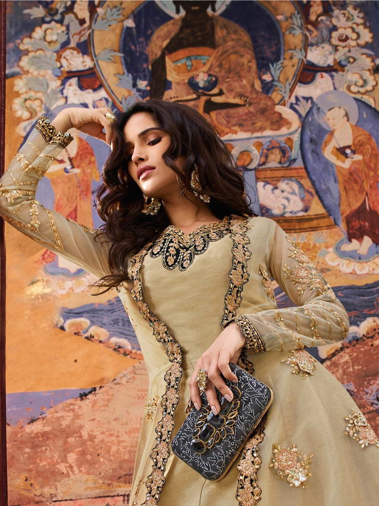 Golden With Black Designer Anarkali Pant Suit