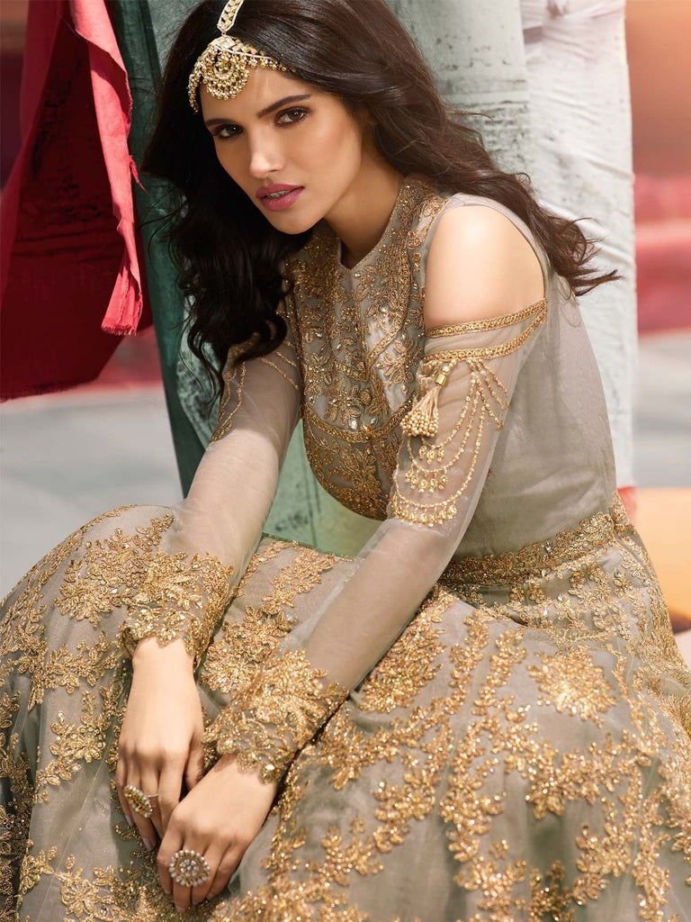 Light Copper Designer Anarkali Pant Suit