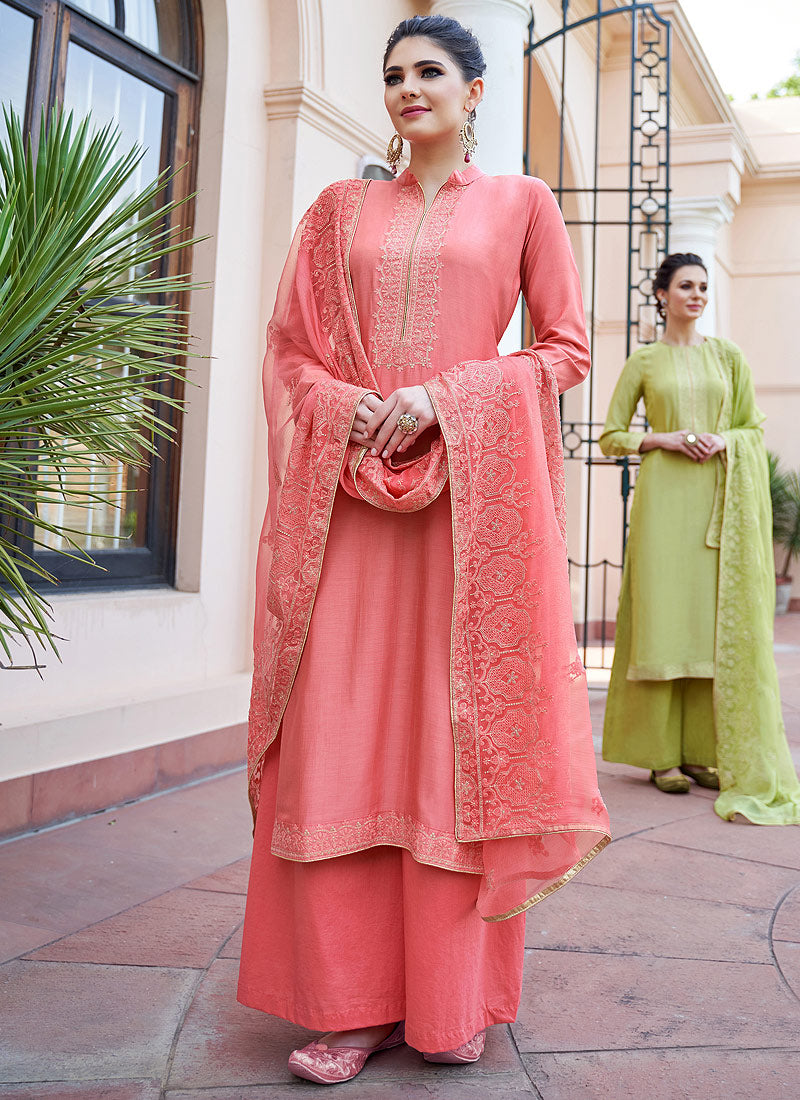 Peach Kashmiri Embroidered Palazzo Suit