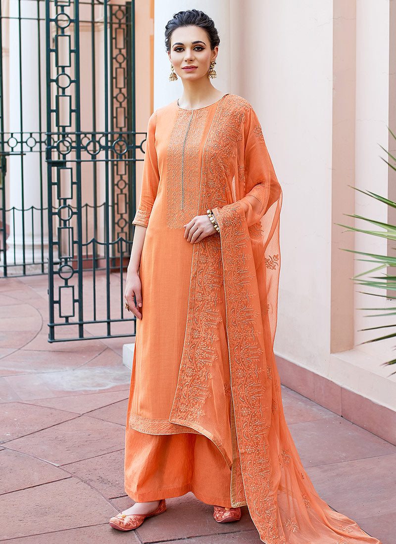 Orange Kashmiri Embroidered Palazzo Suit