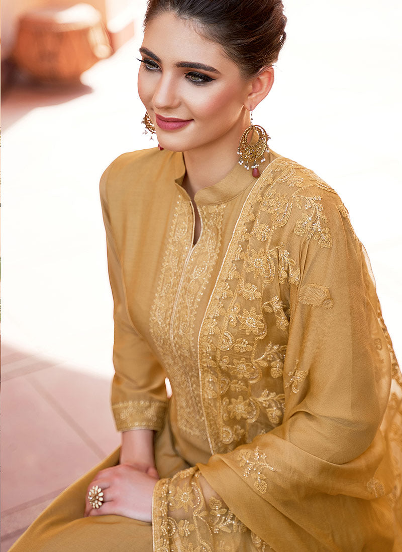 Mustard Yellow Kashmiri Embroidered Palazzo Suit