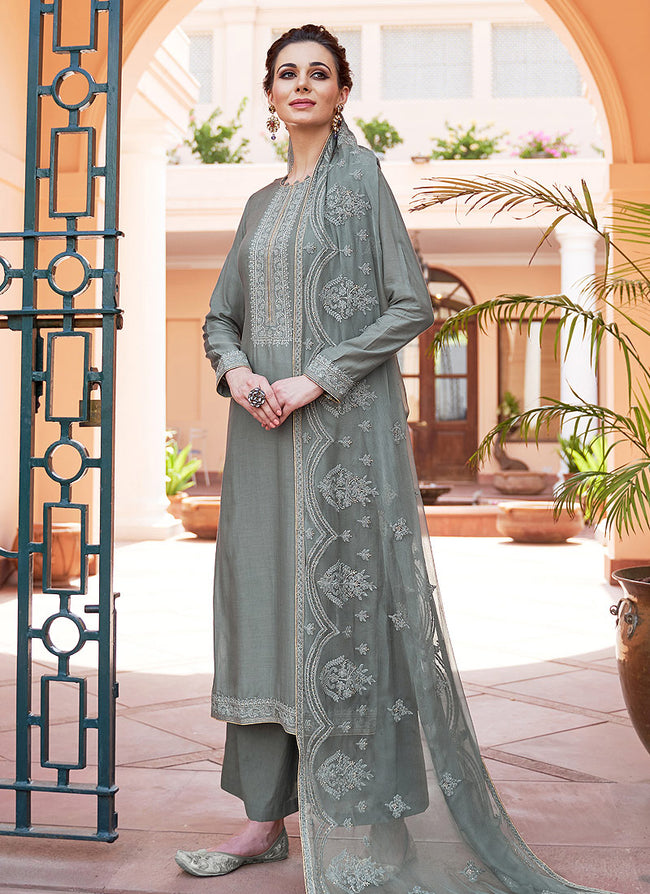 Deep Grey Kashmiri Embroidered Palazzo Suit