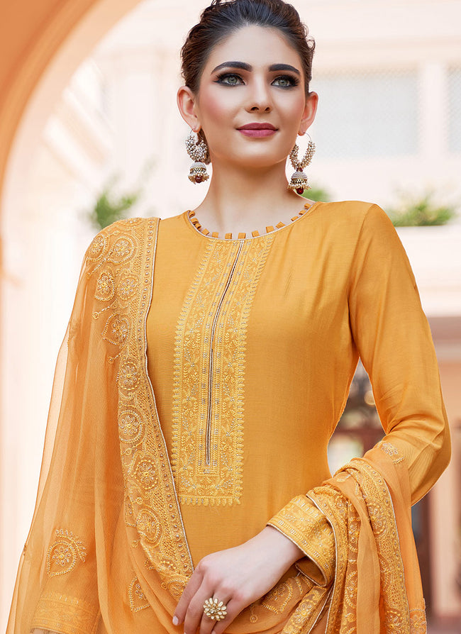 Yellow Kashmiri Embroidered Palazzo Suit