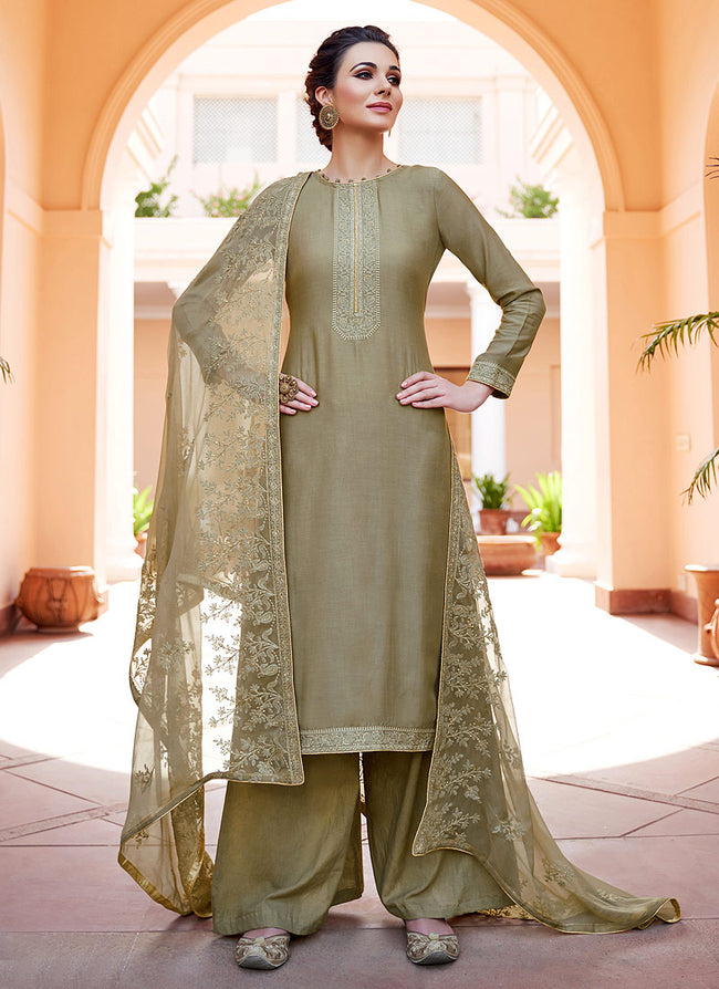 Olive Green Kashmiri Embroidered Palazzo Suit