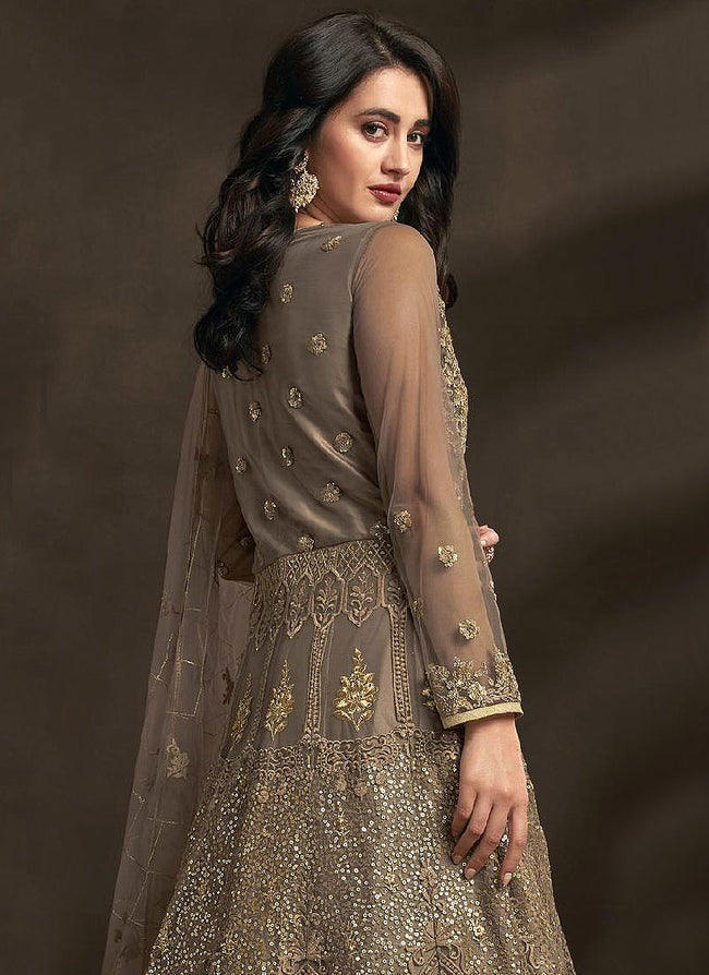 Light Brown Designer Embroidered Anarkali Suit, Salwar Kameez