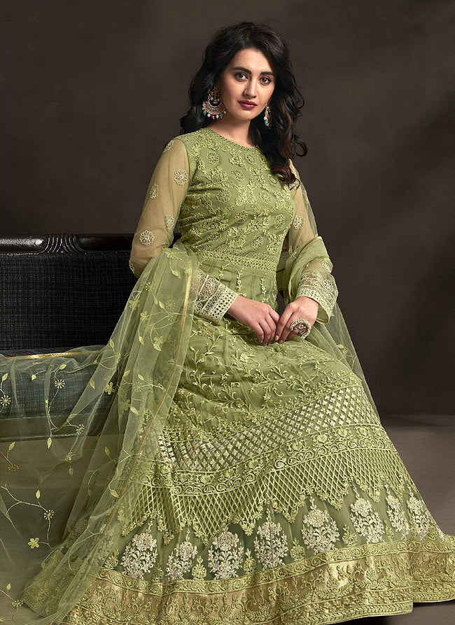 Light Green Designer Embroidered Anarkali Suit, Salwar Kameez