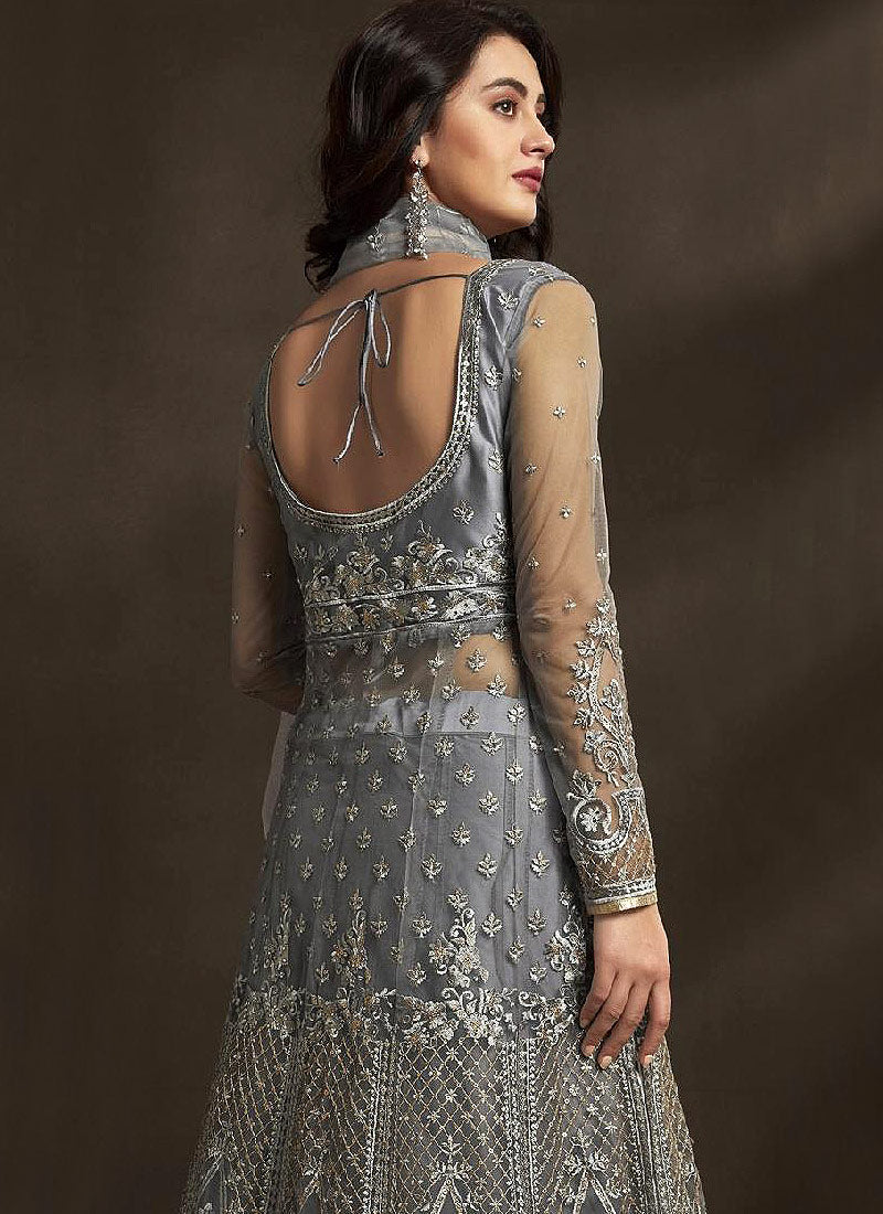 Grey Golden Embroidered Anarkali Lehenga Suit,Salwar Kameez