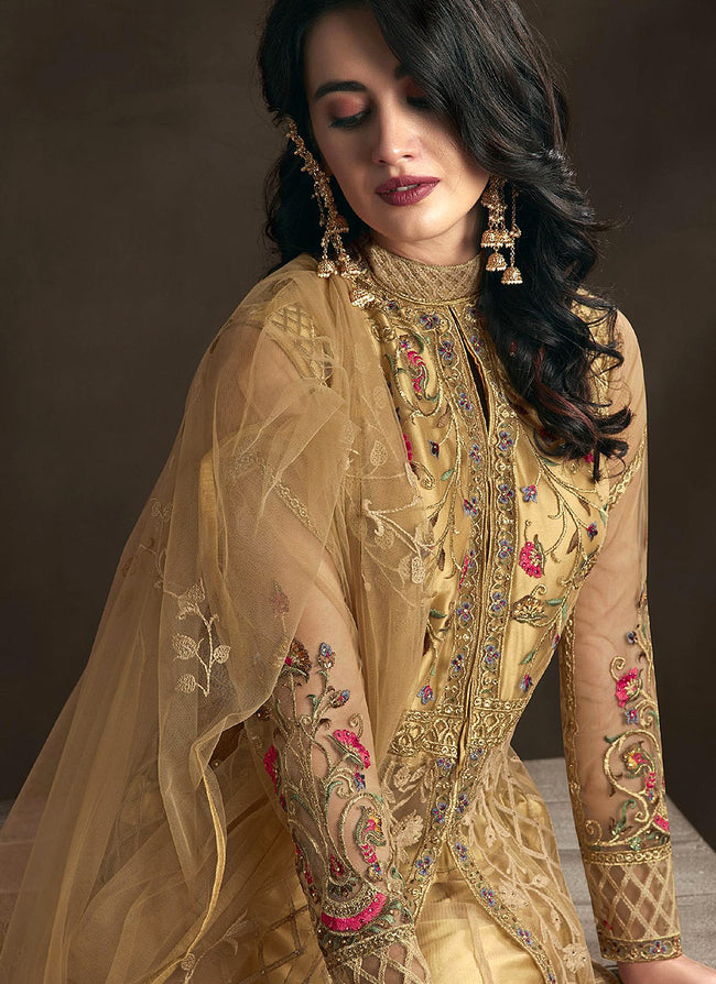 Golden Multi Embroidered Anarkali Lehenga Suit, Salwar Kameez