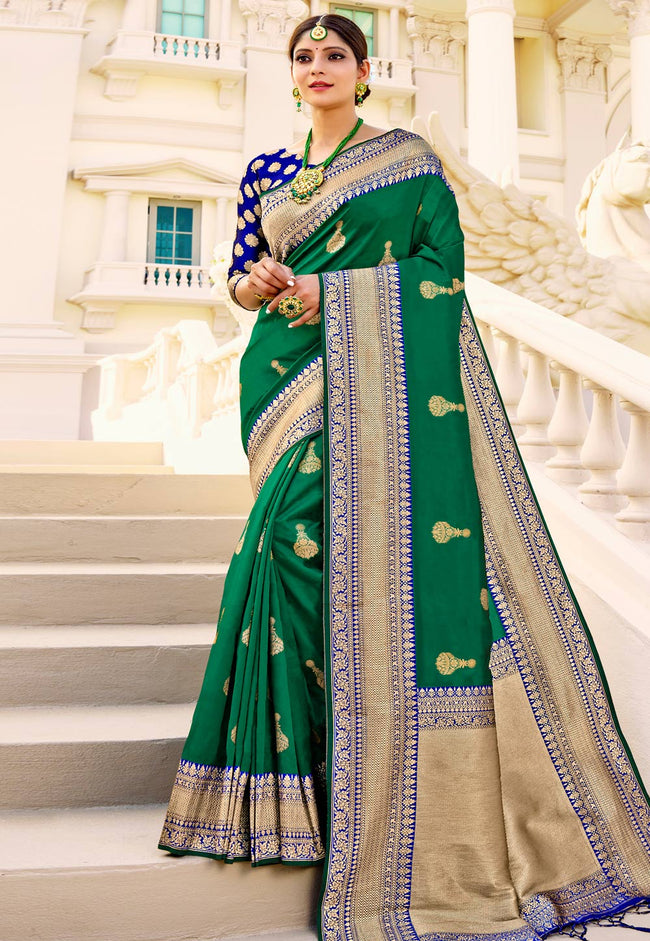 Green And Blue Indian Banarasi Silk Saree