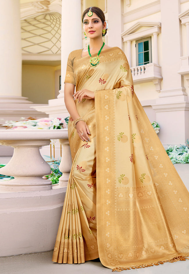 Golden Indian Banarasi Silk Saree