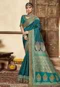 Turquoise Golden Embroidered Wedding Saree